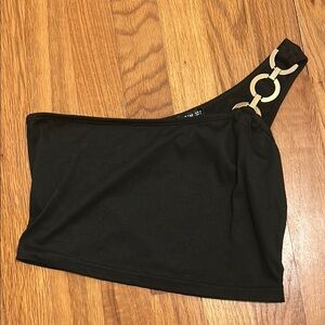 SHEIN Black One-Shoulder Crop Top with Gold Accents